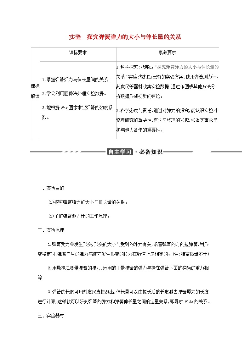 鲁科版高中物理必修第一册第3章相互作用实验探究弹簧弹力的大小与伸长量的关系学案01