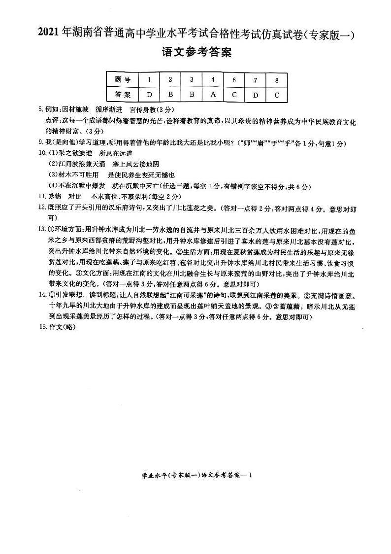 2021湖南省普通高中学业水平合格性考试仿真(专一)语文答案第1页