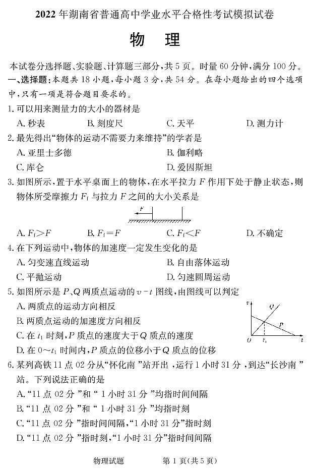 2021-2022学年湖南省普通高中高二下学期5月学业水平合格性模拟考试物理试题(PDF版)第1页