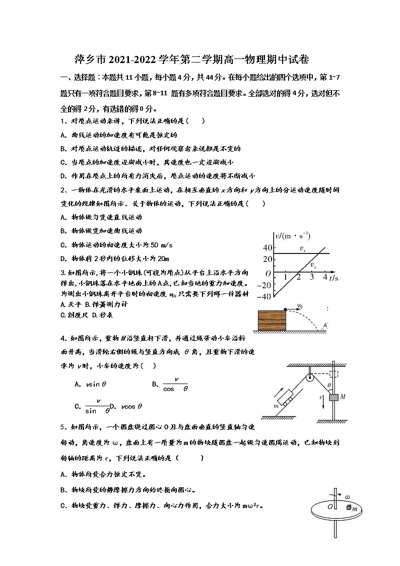 2021-2022学年江西省萍乡市高一下学期期中考试物理试卷第1页