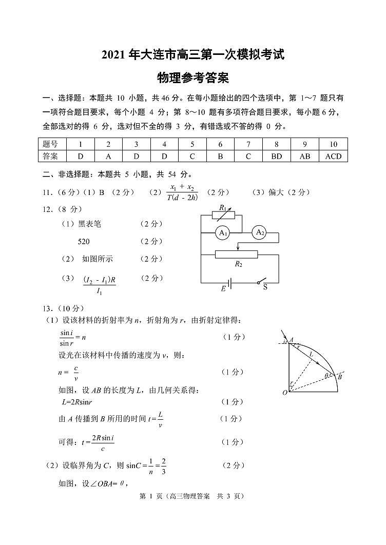 2021年大连市高三第一次模拟考试物理答案第1页
