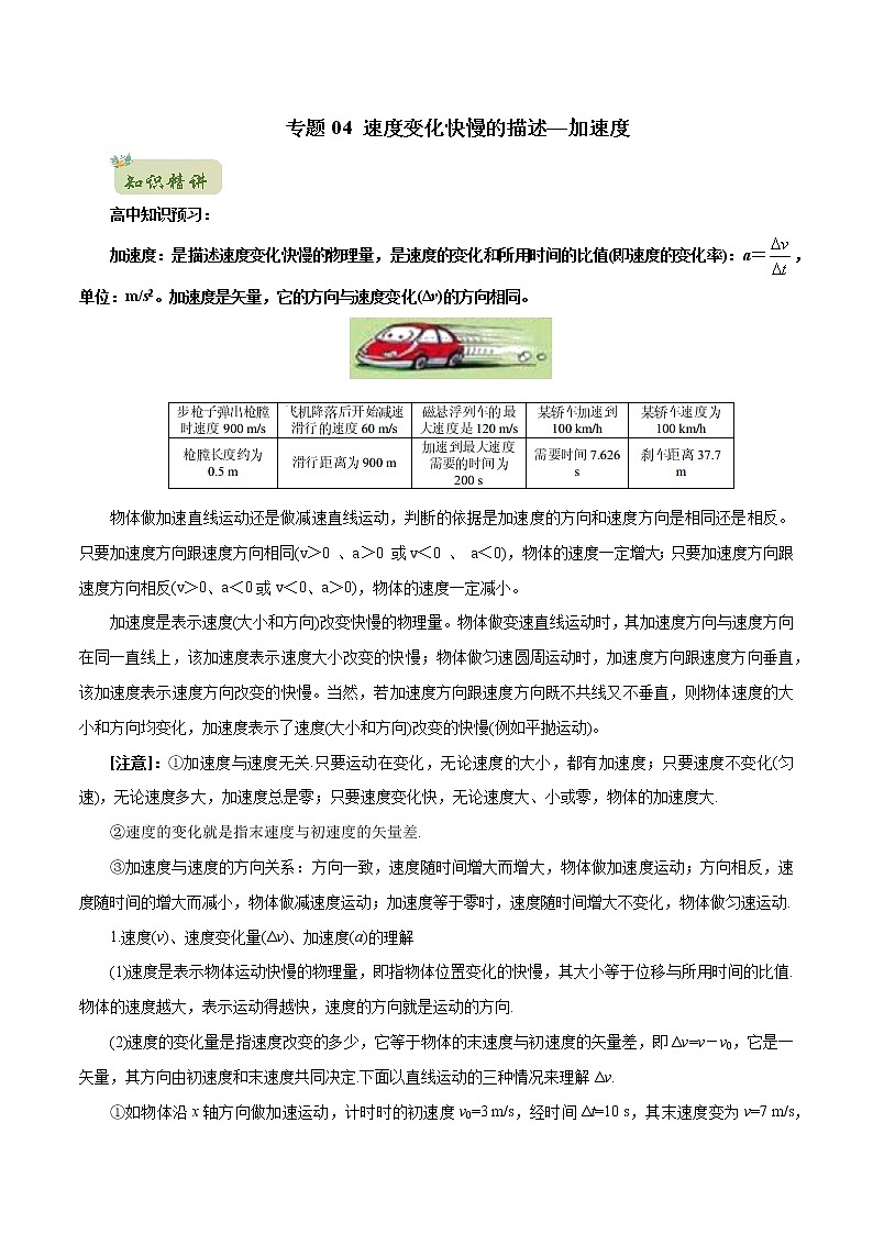 2022年初升高物理衔接讲义  04 速度变化快慢的描述—加速度(学生版) 第1页