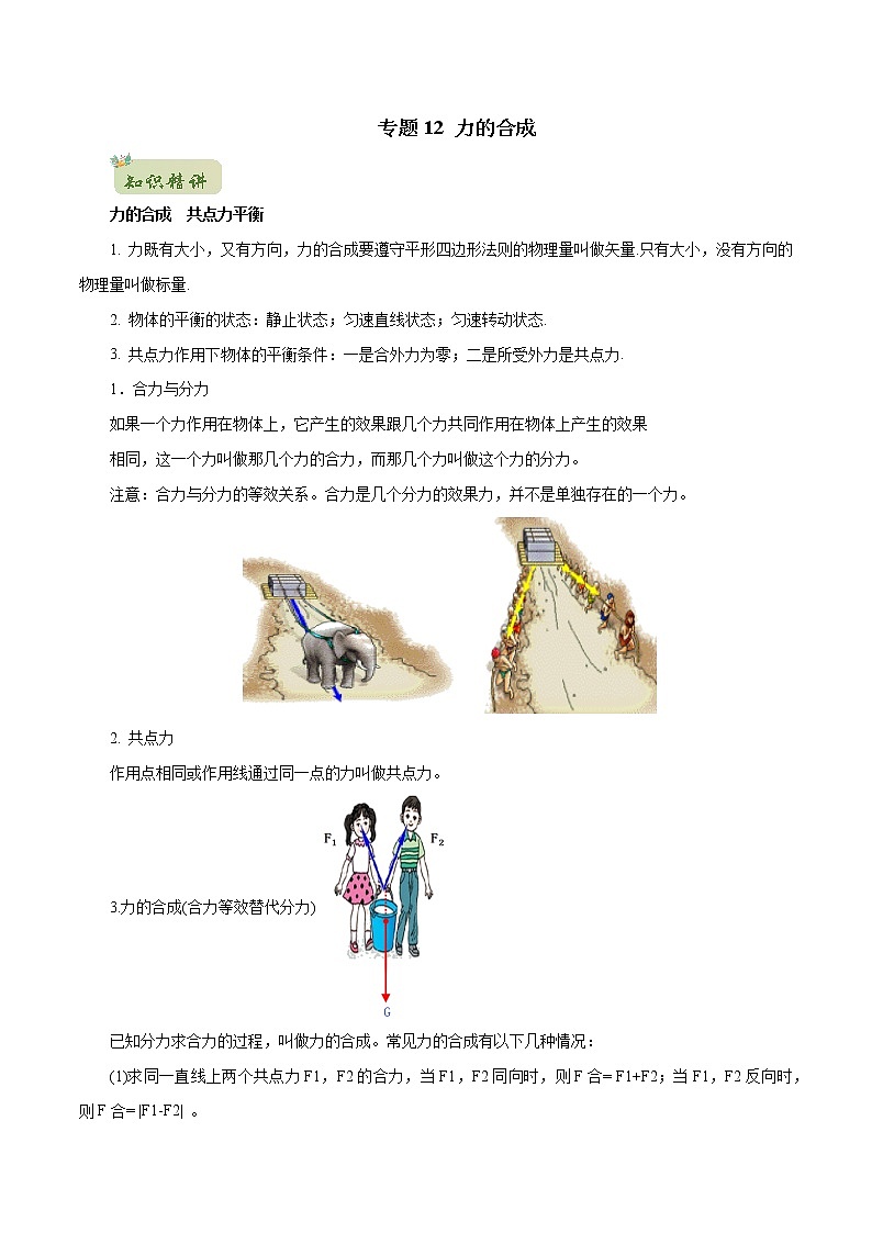 2022年初升高物理衔接讲义 12 力的合成(教师版+学生版)01