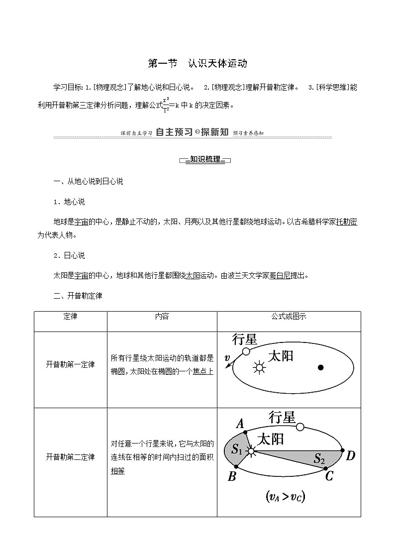 粤教版高中物理必修第二册第3章万有引力定律第1节认识天体运动学案01