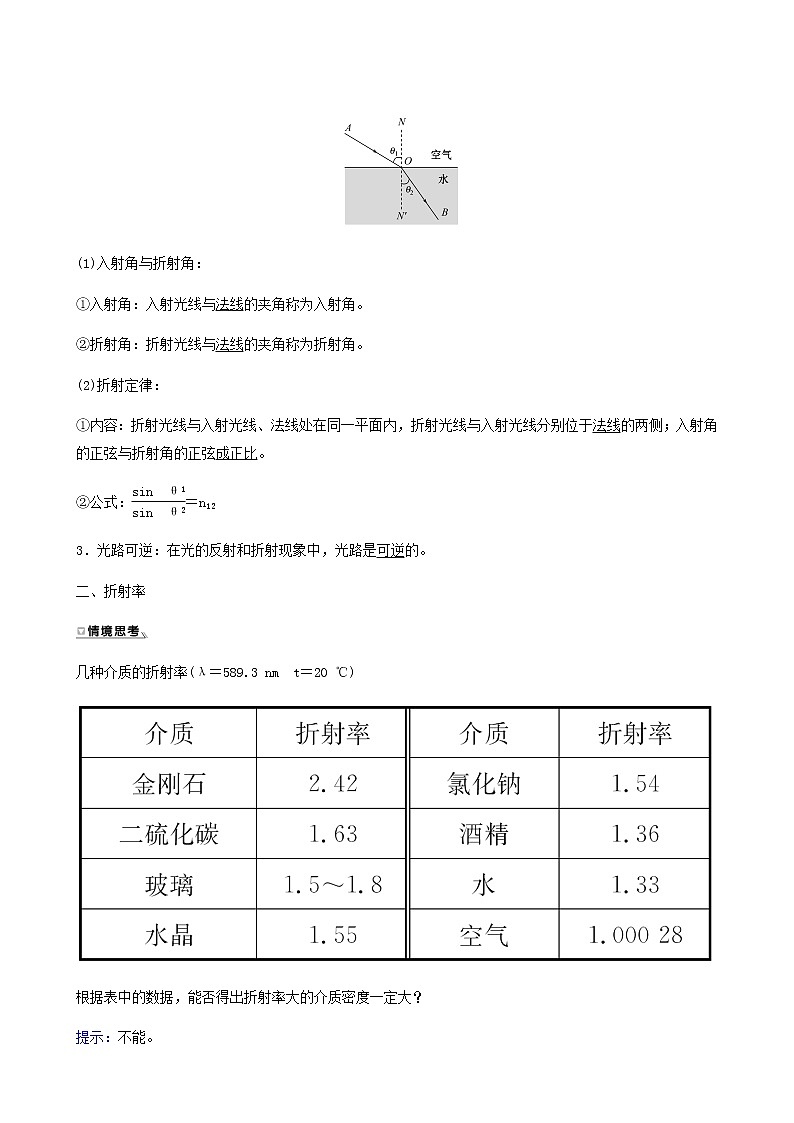人教版高中物理选择性必修第一册第4章光1.1光的折射学案第2页
