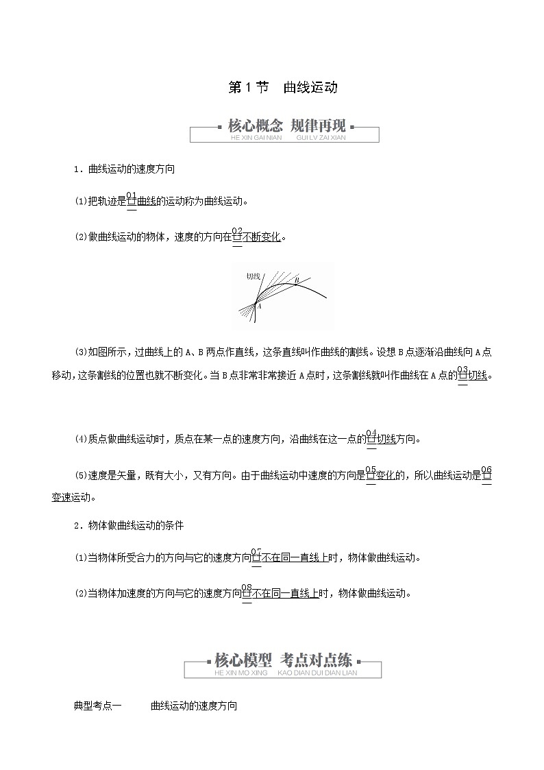 人教版(2019)高中物理必修第二册第5章抛体运动第1节曲线运动学案第1页