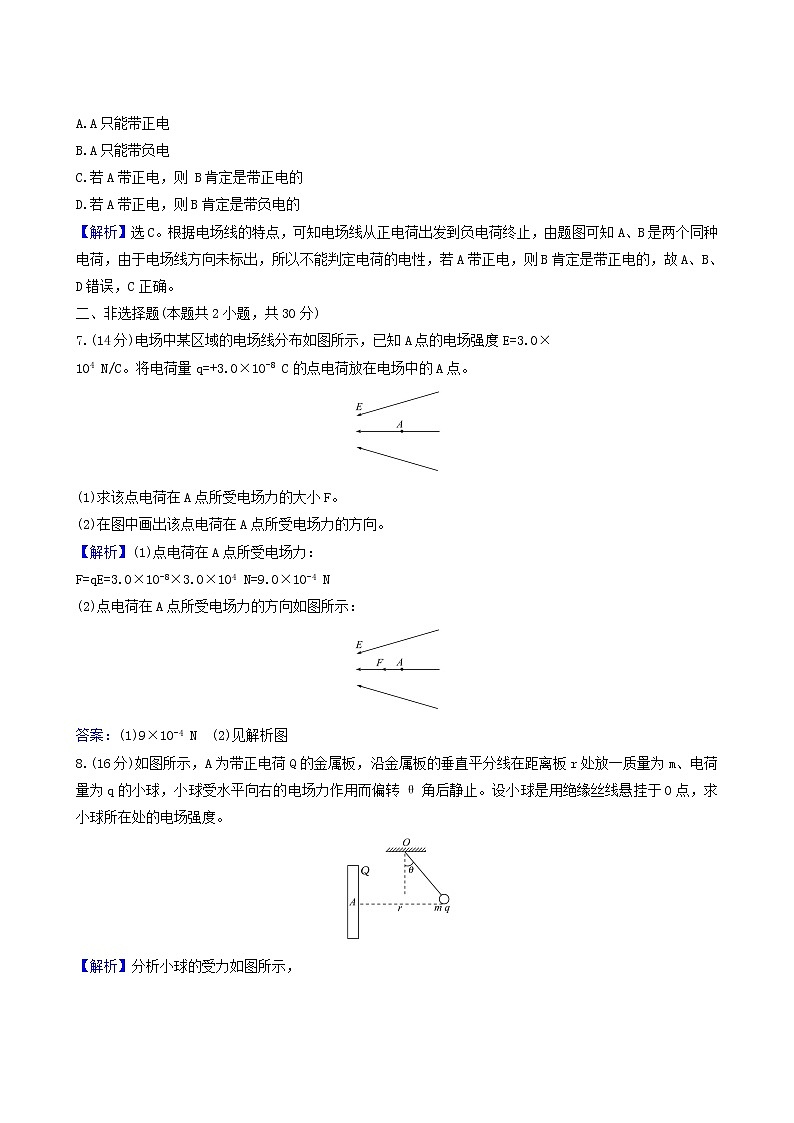 鲁科版高中物理必修第三册第1章静电力与电场强度3电场与电场强度课时检测含答案第3页