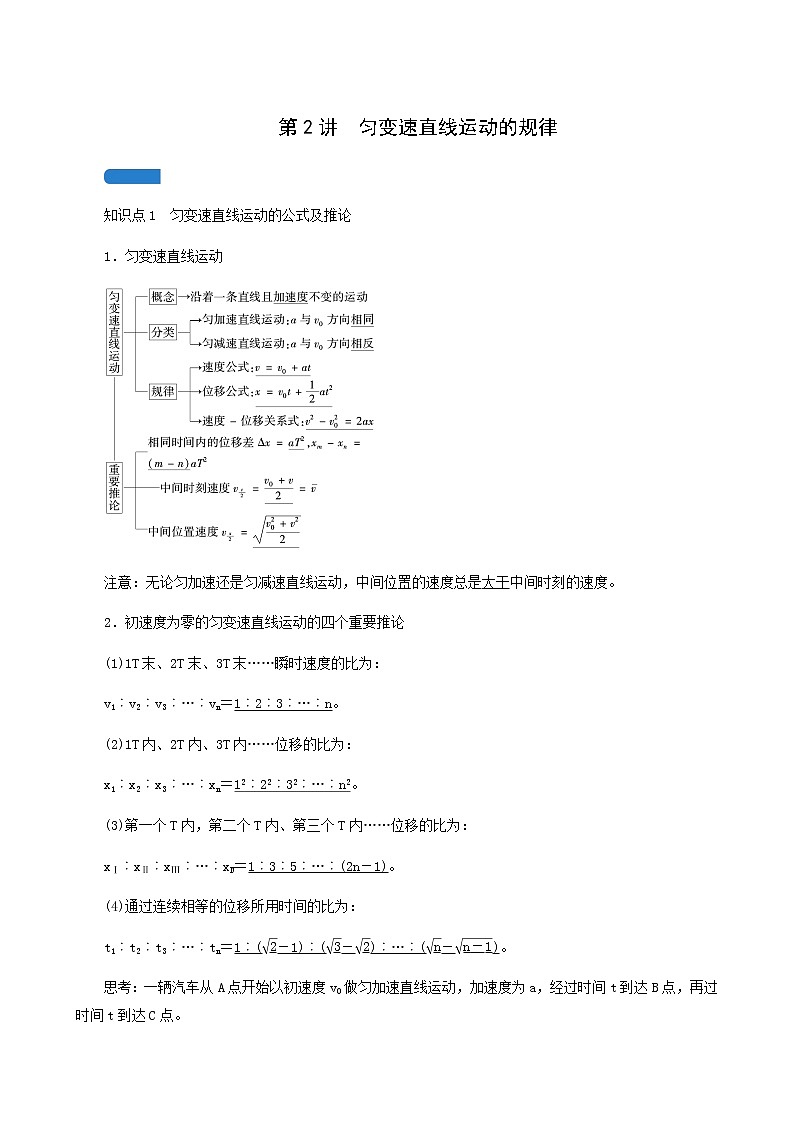 人教版高考物理一轮复习第1章运动的描述匀变速直线运动第2讲匀变速直线运动的规律学案01