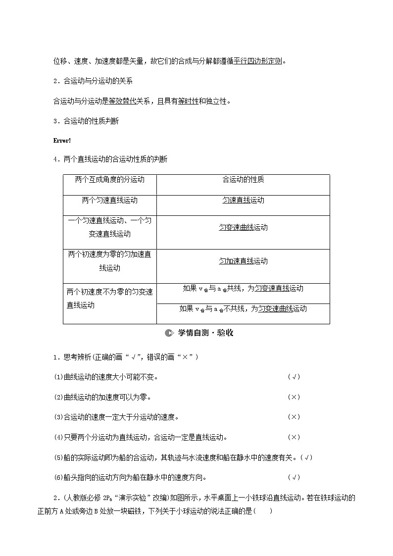 人教版高考物理一轮复习第4章曲线运动万有引力与航天第1节曲线运动运动的合成与分解学案第3页