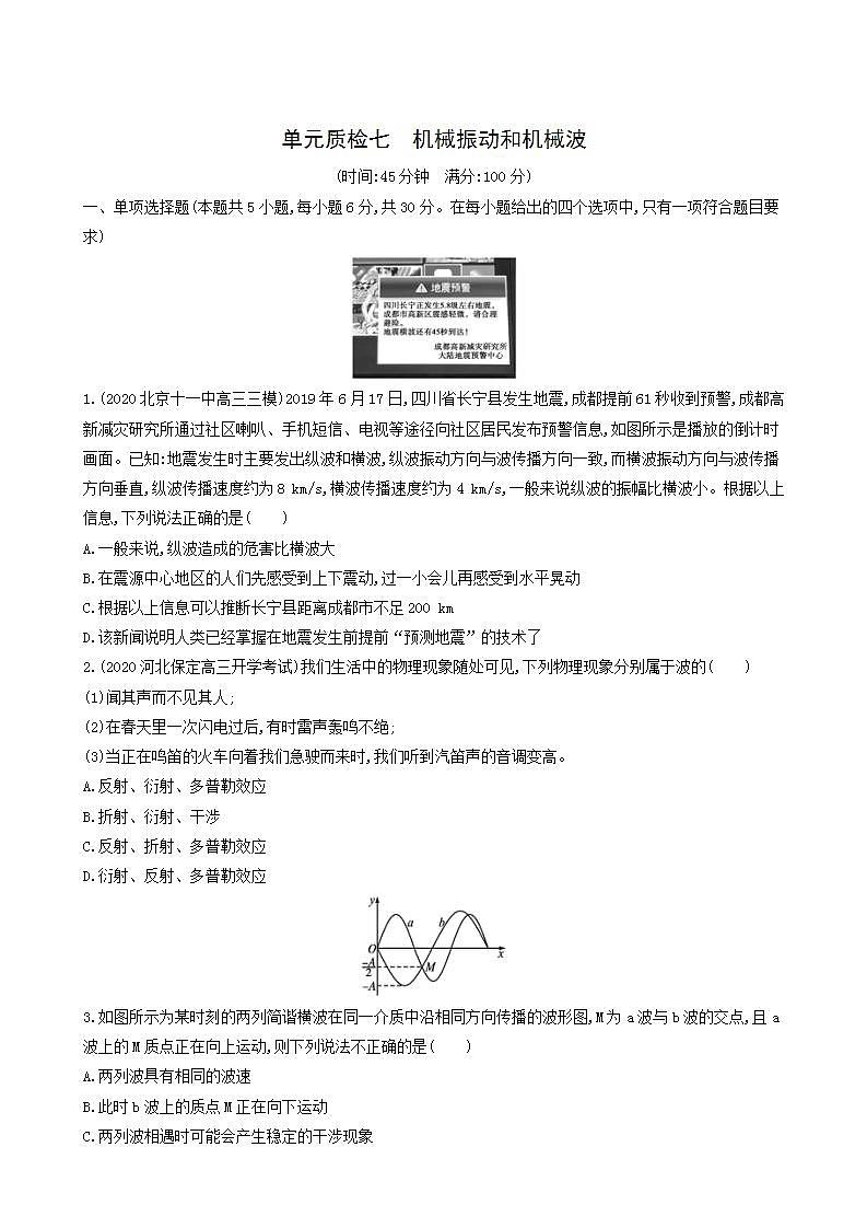 高考物理一轮复习单元质检7机械振动和机械波含答案第1页