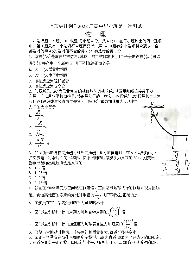 天一大联考顶尖计划2022-2023学年高三上学期第一次联考物理试题第1页
