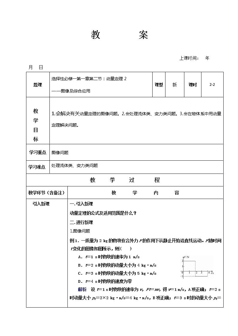 1.2 动量定理2——图像及综合应用 教案—【新教材】人教版(2019)高中物理选择性必修第一册01