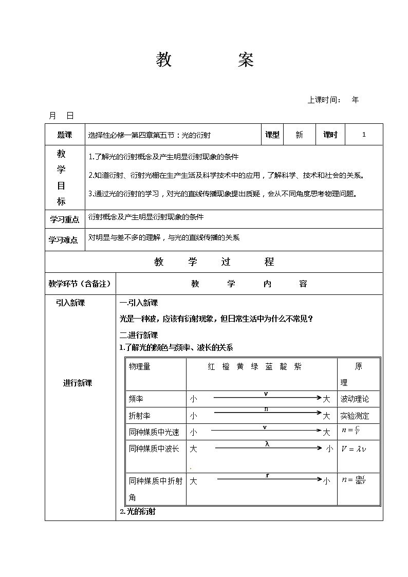 4.5 光的衍射教案—【新教材】人教版(2019)高中物理选择性必修第一册01