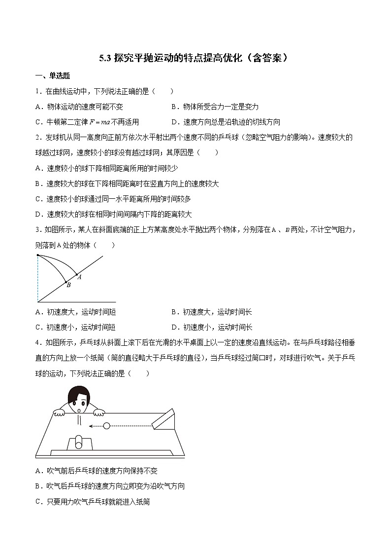5.3探究平抛运动的特点提高优化-2022-2023学年人教版(2019)高中物理必修第二册 试卷01