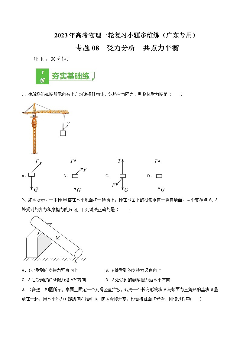 专题08 受力分析 共点力平衡——2023年高考物理一轮复习小题多维练(广东专用)(原卷版)第1页
