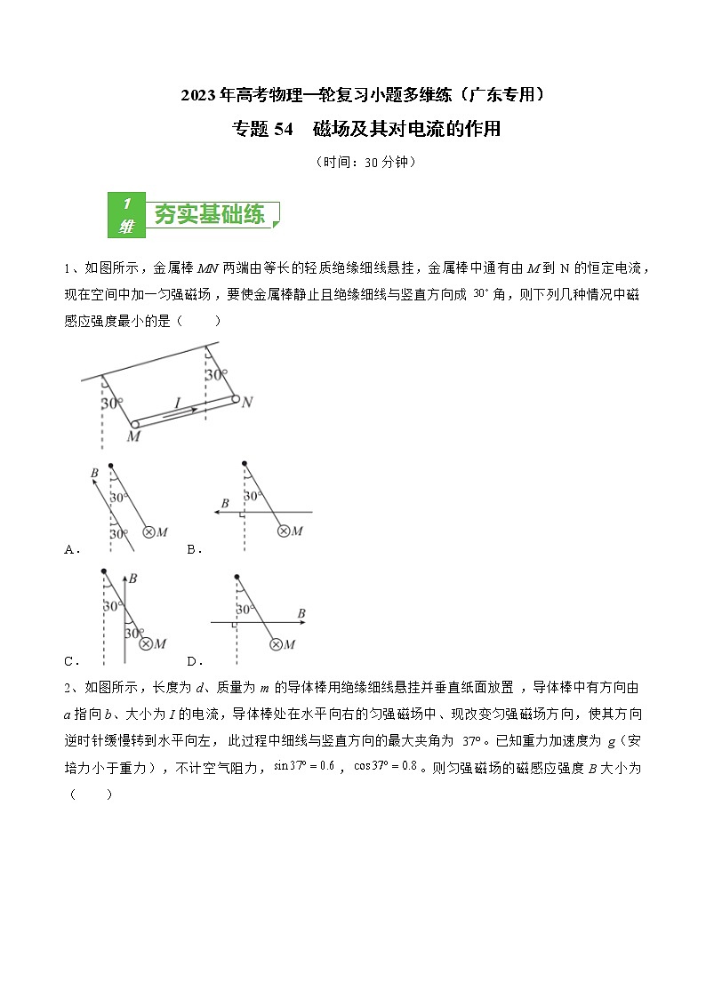 专题54 磁场及其对电流的作用——2023年高考物理一轮复习小题多维练(广东专用)01