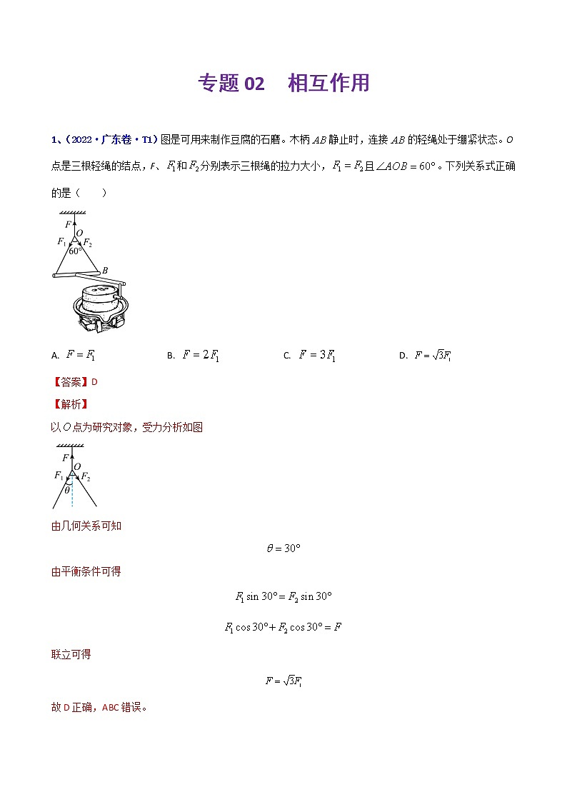 (2020-2022)三年高考物理真题分项汇编(全国通用)专题02 相互作用 Word版含解析01