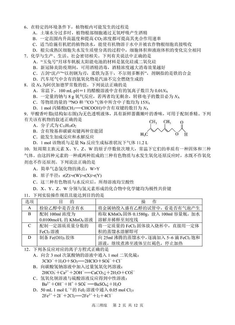 2023遂宁射洪中学高三上学期第一次月考试题(9月)理综含答案(缺物理答案)02