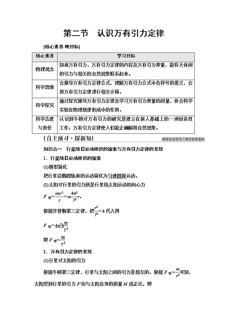 粤教版高中物理必修第二册第3章第2节认识万有引力定律课件+学案+素养落实含答案01