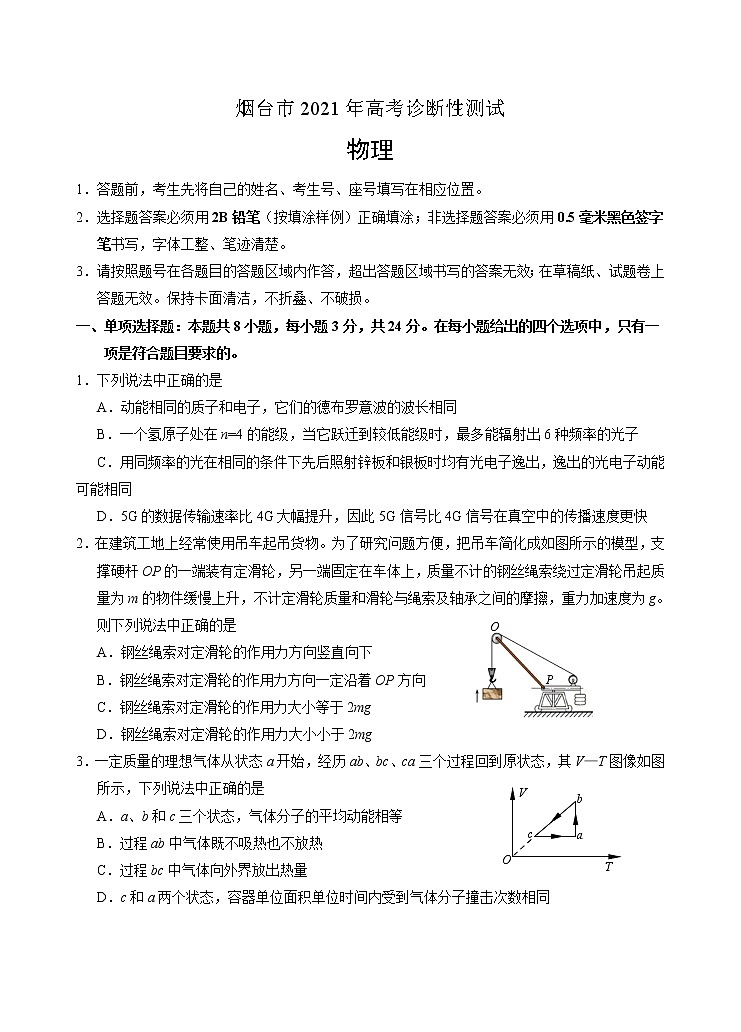 2021烟台高三下学期3月高考诊断性测试物理试题含答案01
