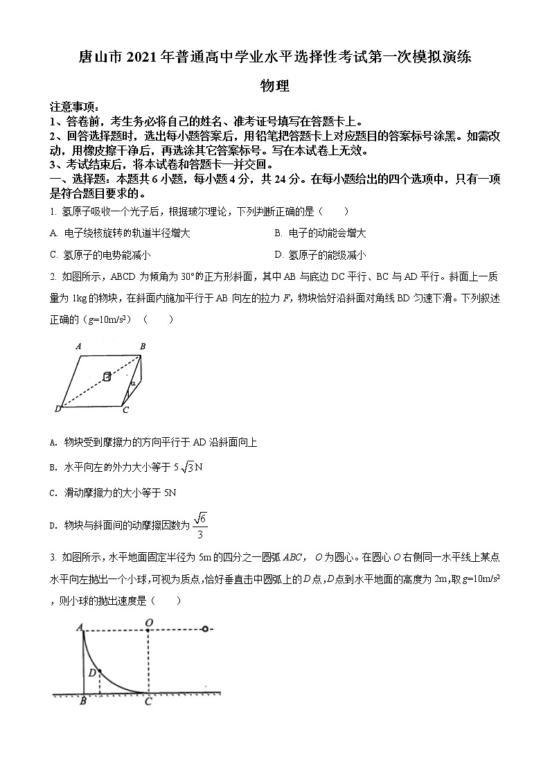 2021唐山高三高考一模考试物理试题Word含解析第1页