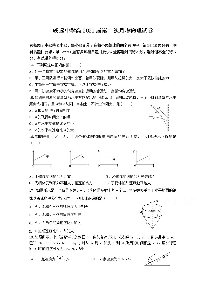 2021内江威远中学高三上学期第二次月考理综-物理试题含答案01