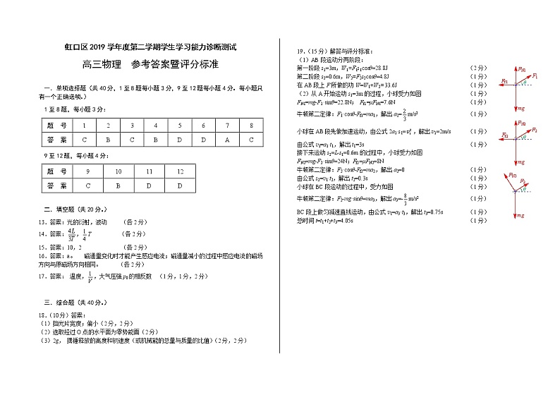 虹口2020年5月高三物理二模考试答案(B4纸)第1页