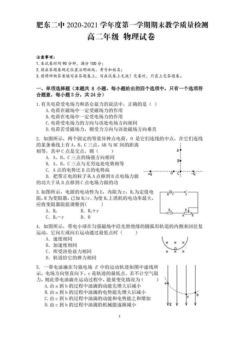 2021肥东县二中高二上学期期末考试物理试题PDF版含答案第1页