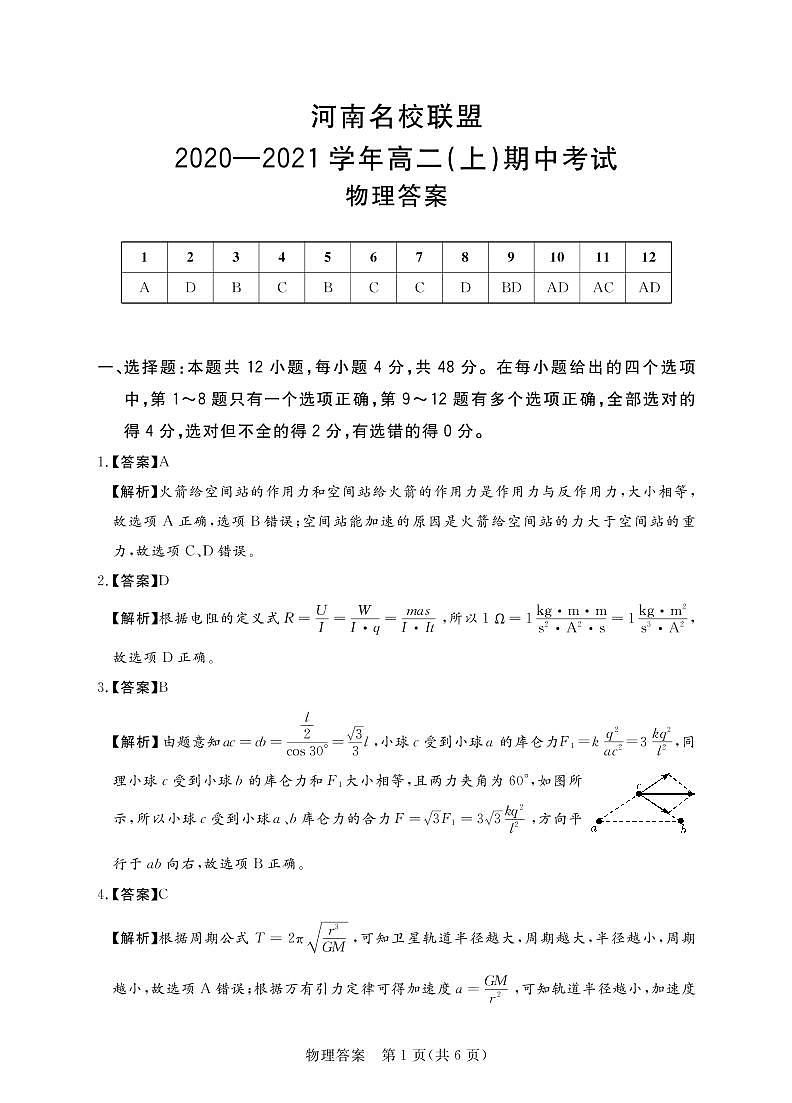 河南名校联盟大联考高二(上)期中物理答案第1页
