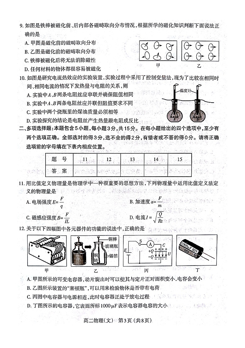 2021太原高二上学期期中质量监测物理文科试题扫描版含答案第3页