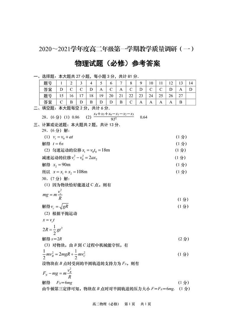江苏省如皋市2020-2021学年高二上学期教学质量调研(一)物理答案(必修)第1页