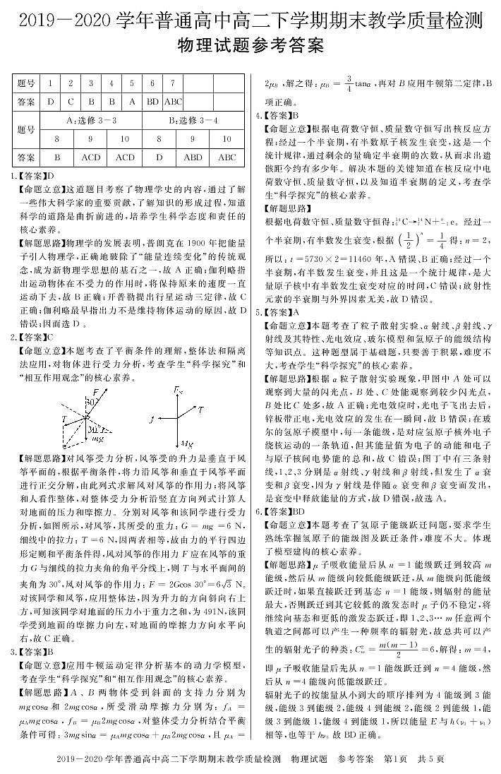 河南省信阳市2019-2020学年高二下学期期末教学质量检测物理答案第1页