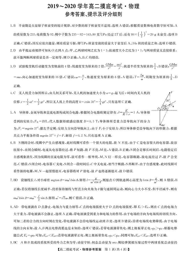2020高二摸底考–物理答案第1页