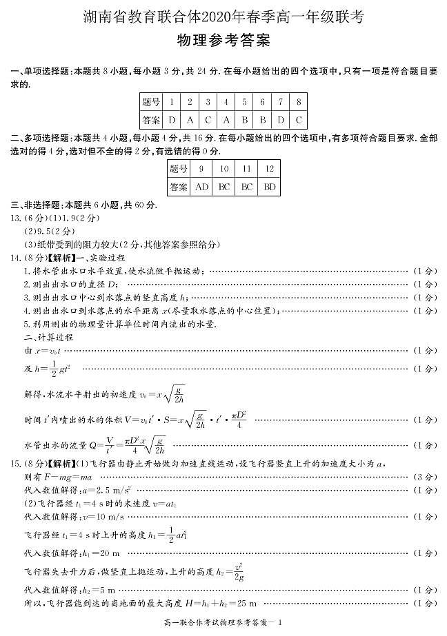 2020高一联合体答案(物理)第1页