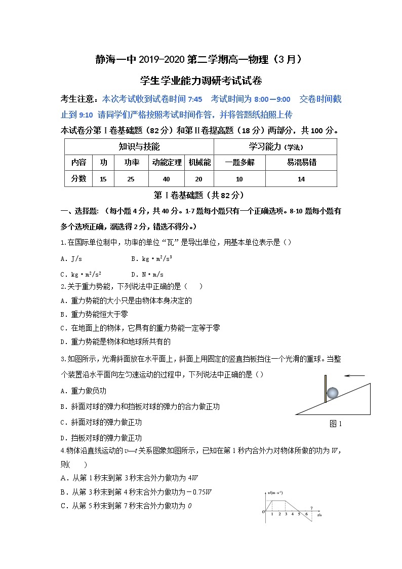 2020天津静海区一中高一（3月）学生学业能力调研考试物理试题缺答案01