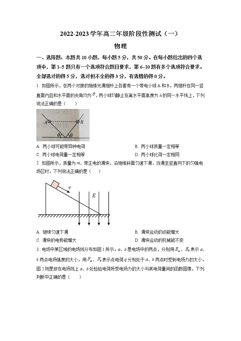 2022-2023学年河南省多校联考高二上学期阶段性检测物理试题(一)Word版第1页