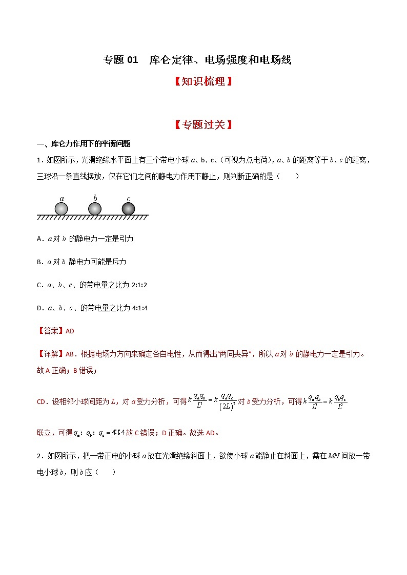 专题01 库仑定律、电场强度和电场线(知识梳理+专题过关)-2022-2023学年高二物理上学期期中期末考点大串讲(人教版2019)(解析版)第1页