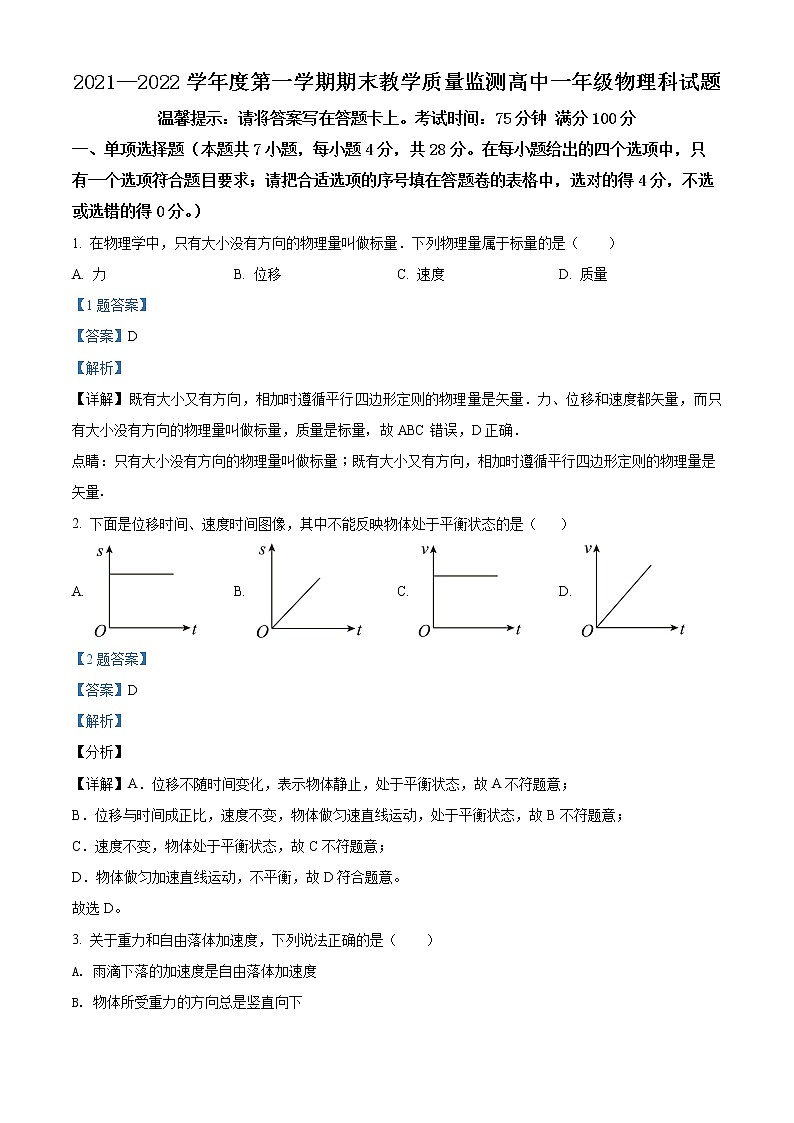 精品解析:广东省揭阳市揭东区2021-2022学年高一(上)期末物理试题01