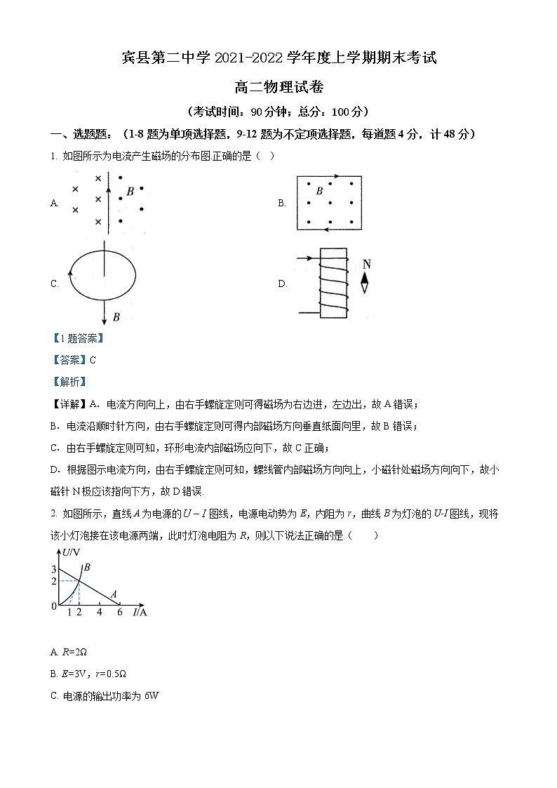 精品解析:黑龙江省哈尔滨市宾县第二中学2021-2022学年高二(上)期末考试物理试题(解析版)第1页