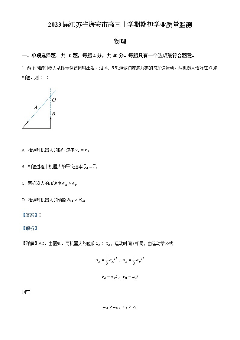 2023届江苏省海安市高三上学期期初学业质量监测物理试题含解析01