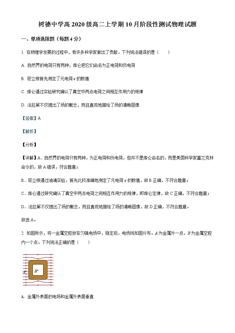 2021-2022年四川省成都市树德中学高二(上)10月阶段性测试物理试题含解析第1页