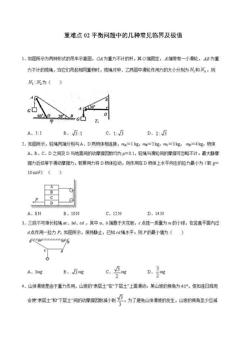 高考物理二轮复习重难点02平衡问题中的几种常见临界及极值(原卷版)第1页