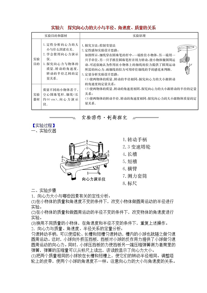 最新高考物理一轮突破实验六 探究向心力的大小与半径、角速度、质量的关系 试卷01