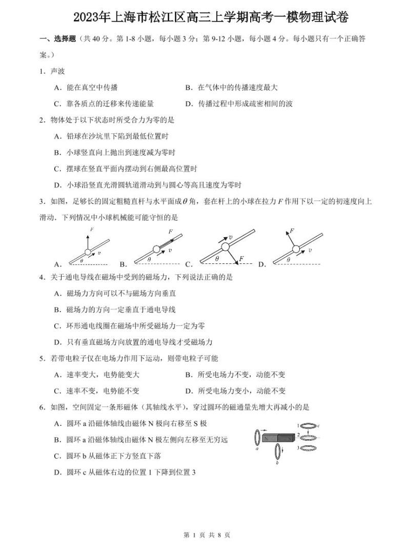 2023年上海市杨浦区高三上学期高考一模物理试卷含答案01