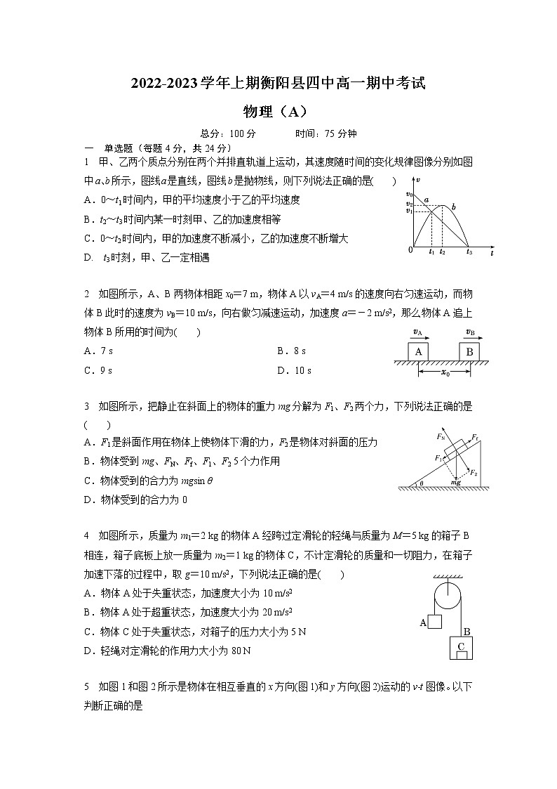 湖南省衡阳县第四中学2022-2023学年高一上学期期中考试(A)物理试卷第1页