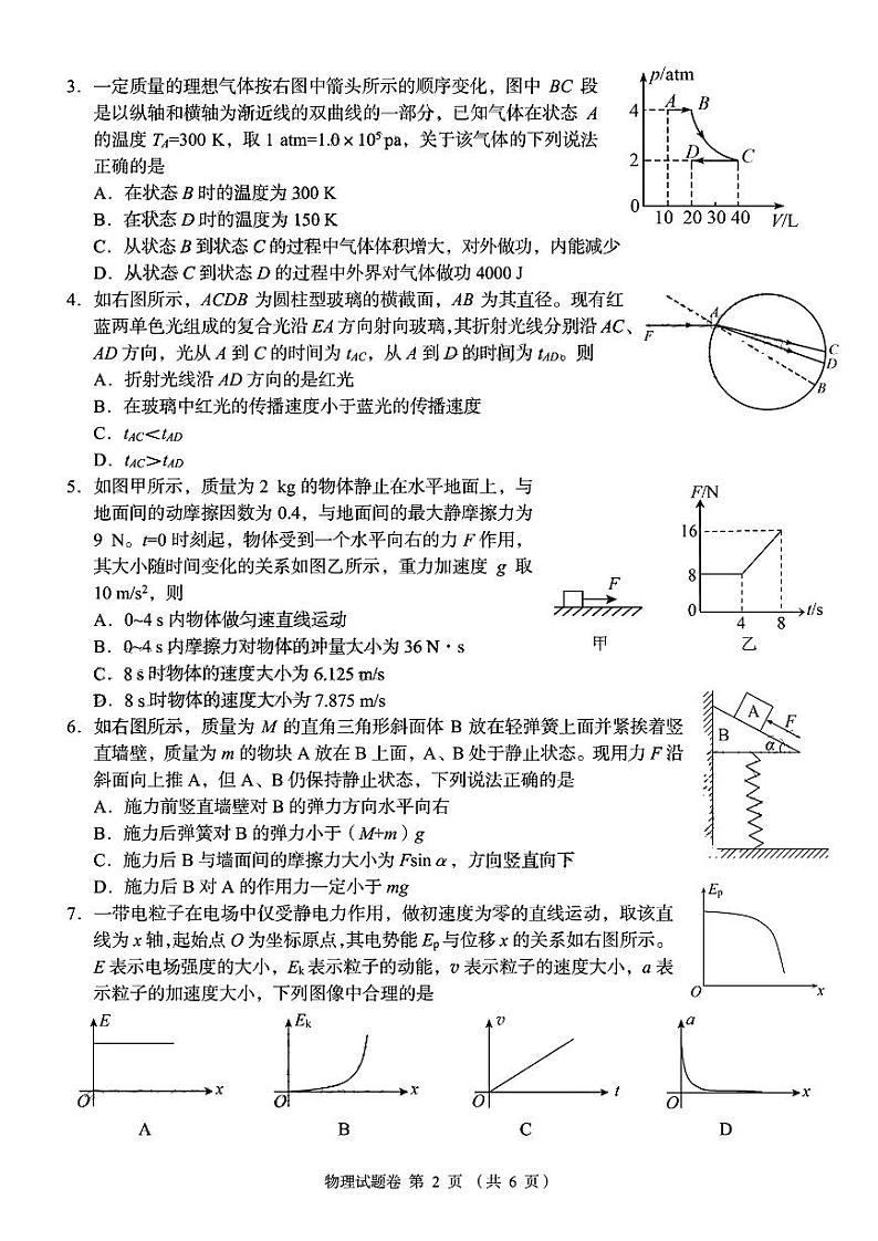 2023湖南省A佳教育高三上学期12月联考试题物理PDF版含解析第2页