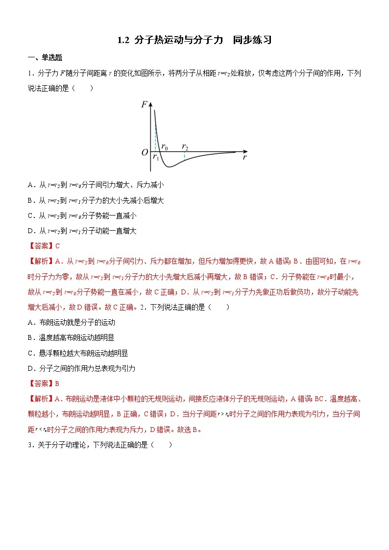 1.2 分子热运动与分子力 课件+练习（原卷+解析卷）01