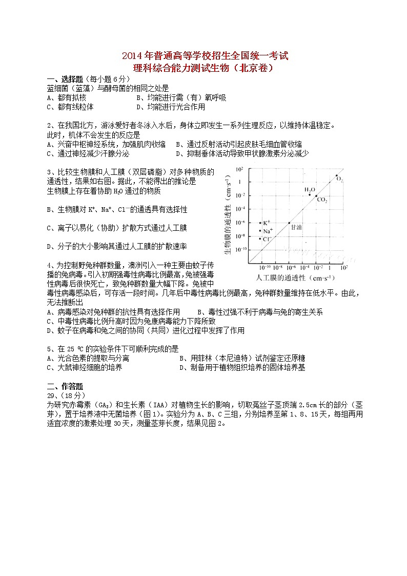 高中物理高考 2014年普通高等学校招生全国统一考试理综试题(北京卷,含答案)第1页