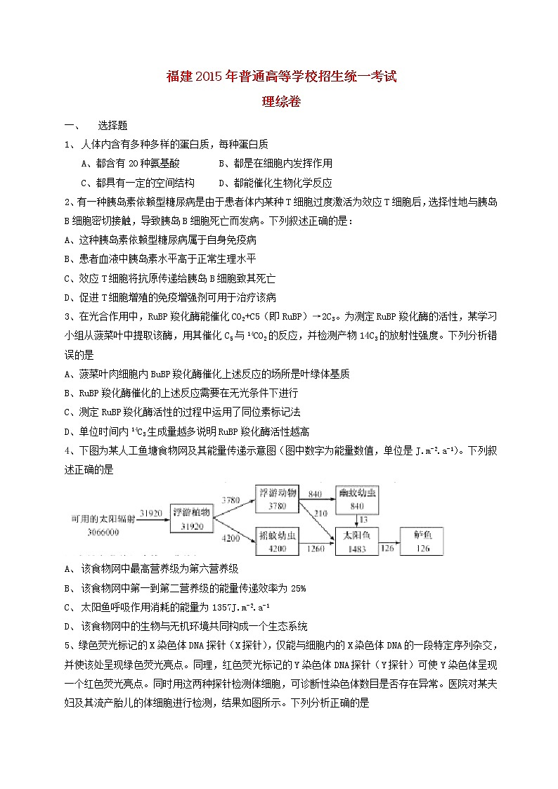 高中物理高考 2015年普通高等学校招生全国统一考试理综试题(福建卷,含答案)第1页