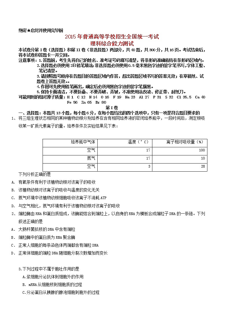 高中物理高考 2015年普通高等学校招生全国统一考试理综试题(新课标Ⅱ卷,含答案)01